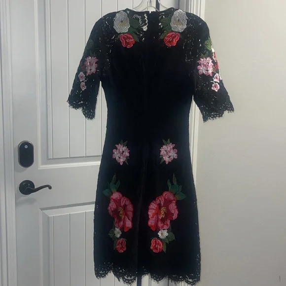 Embroidered Flowers Lace Luxury 3/4 Sleeve Midi Black lined Dress Back and front